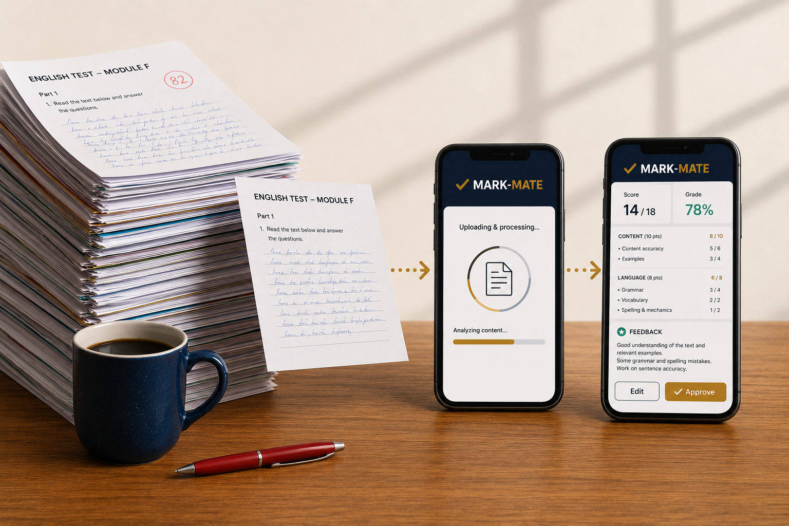 A stack of handwritten English exams beside two phones showing Mark-Mate uploading an exam and then displaying the score, grade and feedback
